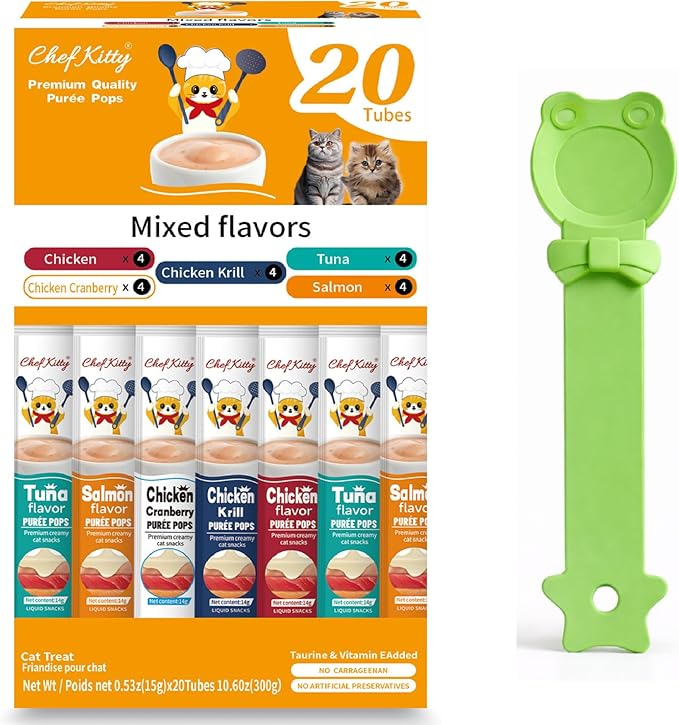 Purée Pops + Green Feeding Spoon, Grain-Free, Lickable, Squeezable Creamy Cat Treat/Topper, 20 Tubes, Chicken and Seafood Mix Variety