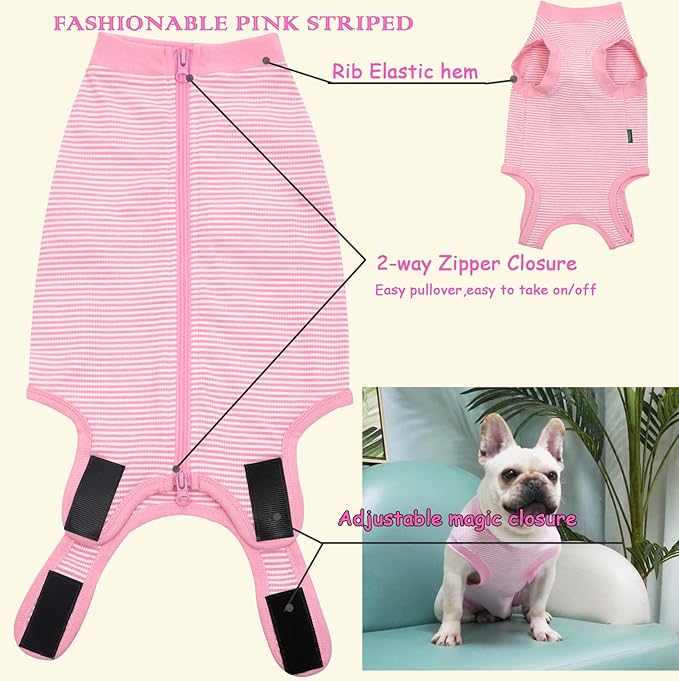 Dog Recovery Suit Pink Female Spay Surgical Small Shirt, Male Surgery Recovery Suit,Pink-White Striped S