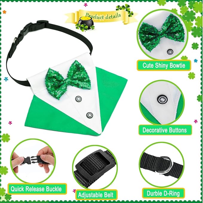 3Pack St.Patrick's Day Dog Costume Puppy Bandana Top Hat Green Shamrock Bow Tie Collar Adjustable Pet Scarf Formal Tux Clothes Irish Tuxedo Outfits for Dogs Cat Dress (3Pcs Irish Hat Tux Bow, Medium)