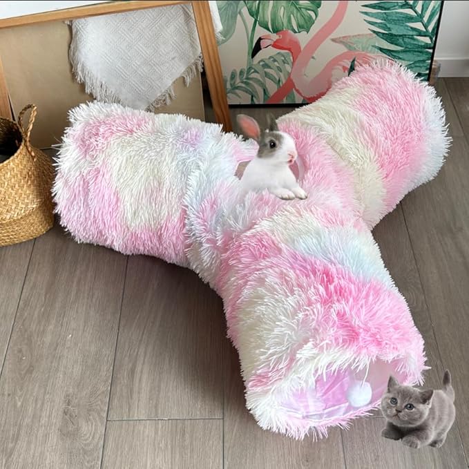 Cat Tunnel Tube Toy Collapsible 3 Way Rainbow Plush, Pet Tunnels for Indoor Cats, Tubes with Hanging Ball Perfect for Kitten, Puppy, Rabbit, Interactive Toys for Fun Playtime & Exercise