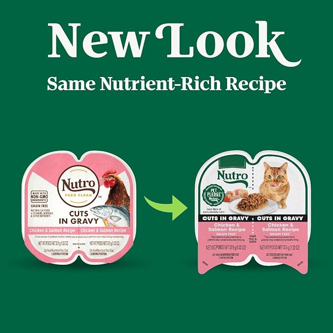 Nutro Perfect Portions Wet Cat Food Cuts in Gravy Chicken & Salmon Recipe, Cat Food Wet Recipe, 2.64 oz. Twin-Pack Trays (24 Count)