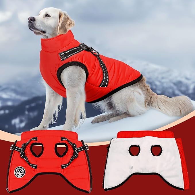 PETCARE Winter Dog Coat with Harness Built in Waterproof Dog Jackets Warm Pet Fleece Vest Windproof Snow Jacket Snowsuit Reflective Dogs Cold Weather Coats for Puppy Small Medium Large Dogs Cats