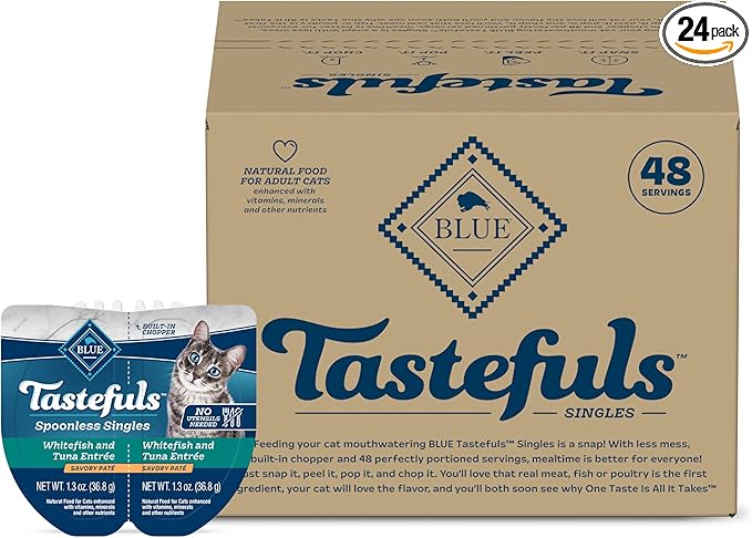 Blue Buffalo Tastefuls Spoonless Singles Natural Wet Cat Food Paté, 2.6-oz Twin-Pack Trays, White Fish & Tuna Entreé (24 Count)