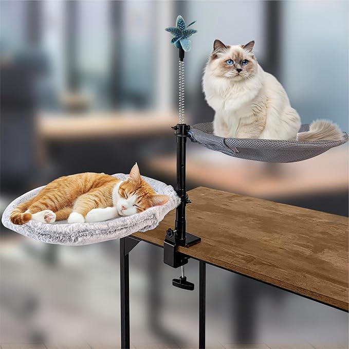 2-Tier Cat Desk Bed – Dual Hammock Desk Mounted Perch for 1–2 Cats, Space-Saving Shelf with Soft Plush & Breathable Mesh Pads, Adjustable Height, Feather Toy Included