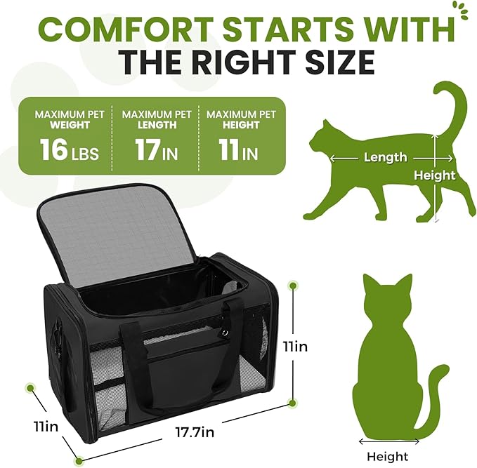 Soft-Sided Cat Carrier Expandable Pet Carrier Airline Approved Mesh Zipper with Lock Travel Carrier Up to 15lbs for Cats Dogs Collapsible Escape-Proof with Strap (18x11x11 Black-L)