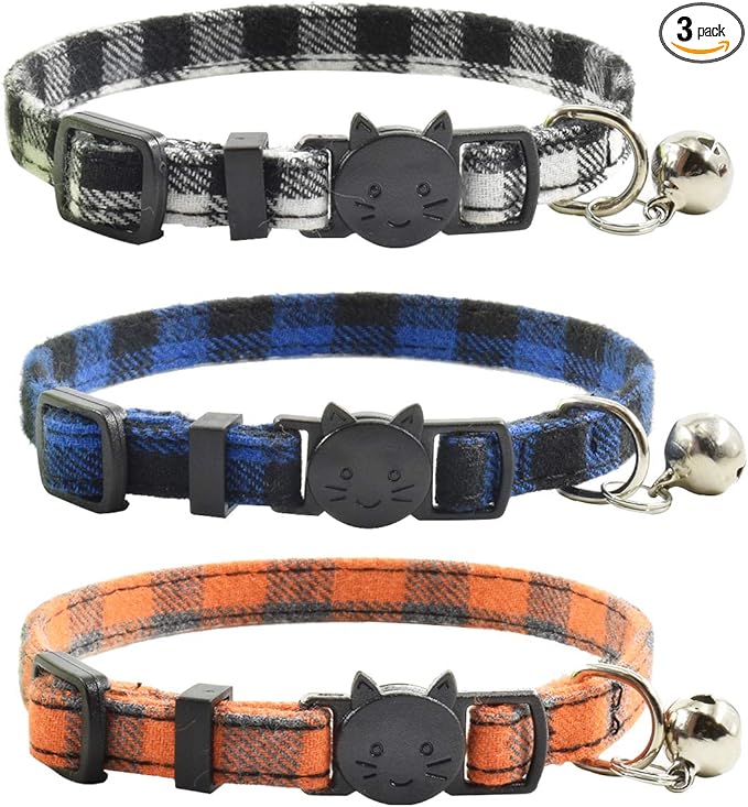 Breakaway cat Collars with Bell, Set of 3, Durable & Safe Cute Kitten Collars Safety Adjustable Kitty Collar for Cat Puppy 7.5-11in (Black,Blue,Orange)