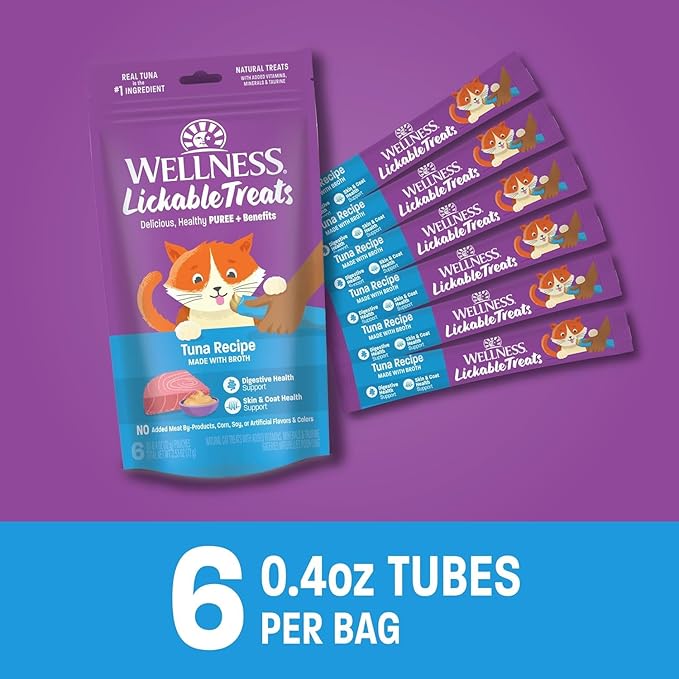 Wellness Lickable Treats Soft Puree Natural Grain Free Adult Cat Treats, Variety Pack, Contains 18-0.4 Ounce Squeezable Tubes (Chicken,Duck & Tuna)