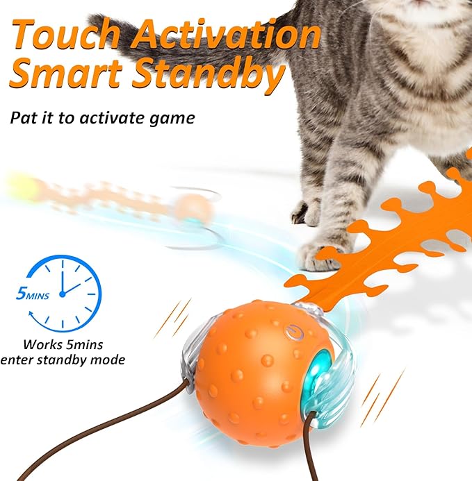 Waaiio Interactive Cat Toy with Centipede Tail,Fast Rolling Ball, Rechargeable Toys for Bored Indoor Adult Cats, Touch Activated/Rechargeable/Bird Chirping Squeaky