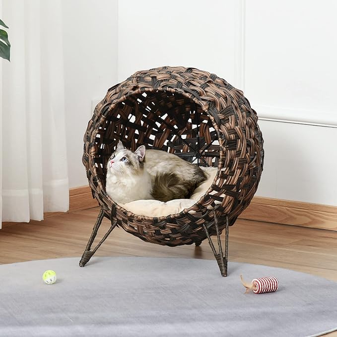 PawHut 20.5" Weaved Cat Bed, Elevated Hand-Woven Braided Banana Leaf Kitten House Condo with Cushion, Brown