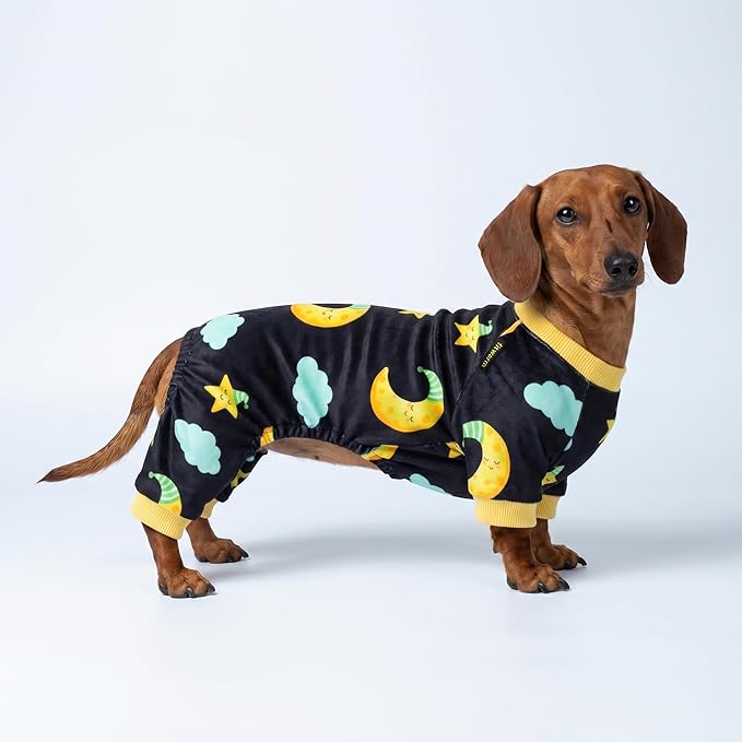 Fitwarm Moon and Stars Dog Fleece Pajamas, Cozy Winter Clothes for Small Dogs Boy Girl, Funny Pet Outfit, Black, Yellow, XXL