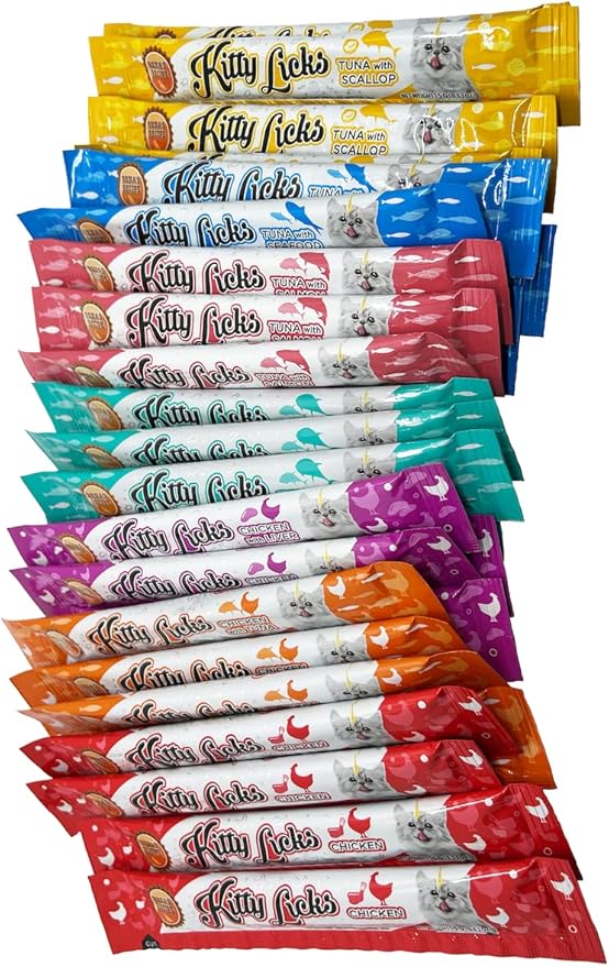 Rena's Recipe Kitty Licks Lickable Cat Treats Variety Pack 28 Tubes Creamy Cat Treat Purée 7 Flavors Tuna Chicken Grain Free Cat Squeeze Treats