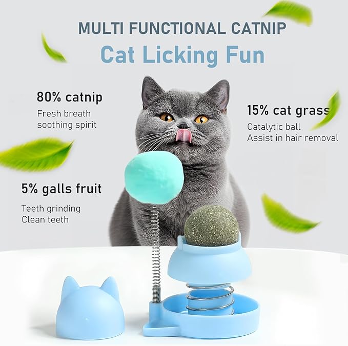 Blue Cat Nip Ball with Spring Ball, Catnip Balls Wall Snack Teeth Washing Healthy Rotatable Treats Toys, Kitten Playing Toy for Indoor, Cats Soothing Catnip