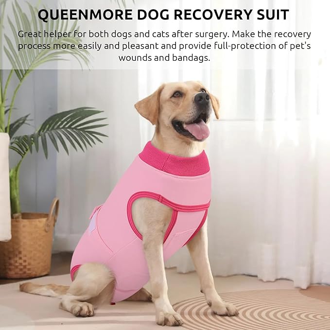 Queenmore Recovery Suit for Dogs Cats After Surgery, Dog Surgical Recovery Suit Onesie,Breathable Cotton Dog Surgery Suit Female Spay, Prevent Licking Pet Surgery Recovery Suit, Pink,XL
