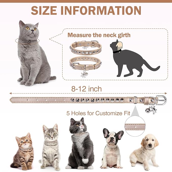 Leather Cat Collars for Boy Girl Cats with Bell and Safety Elastic Belt, Personalized Rivets Stud Adjustable Safe Buckle Collar with Skull Charm for Kitty Small Pets, Halloween Cat Collar