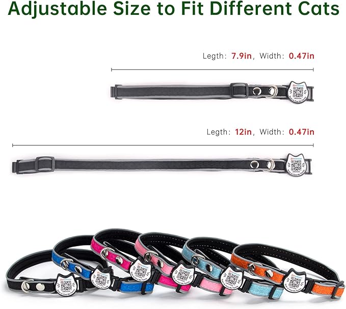 Cat Collar with Bells Reflective Cat Collars Breakaway with Oxford Cloth Soft Padding Adjustable Kitten Collar with QR Code（Black）