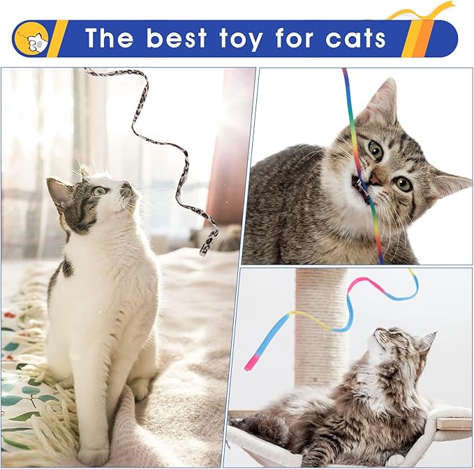 cobee 3 Pack Cat Wand Toy Set, 30cm Cat Interactive Wand with Rainbow Ribbon String + Leopard Print Cloth String for Kitten Training & Exerciser, Indoor Kitten Catcher