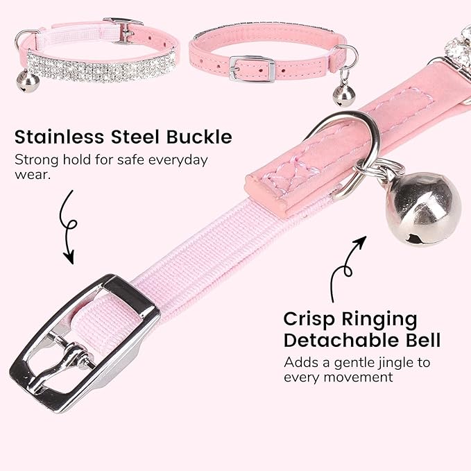 BINGPET Diamond Cat Collar with Bell, Adjustable Soft Velvet Bling Rhinestone Cat Collar, Sparkly Kitten Collar with Safety Elastic & Metal Buckle for Small Medium Cats