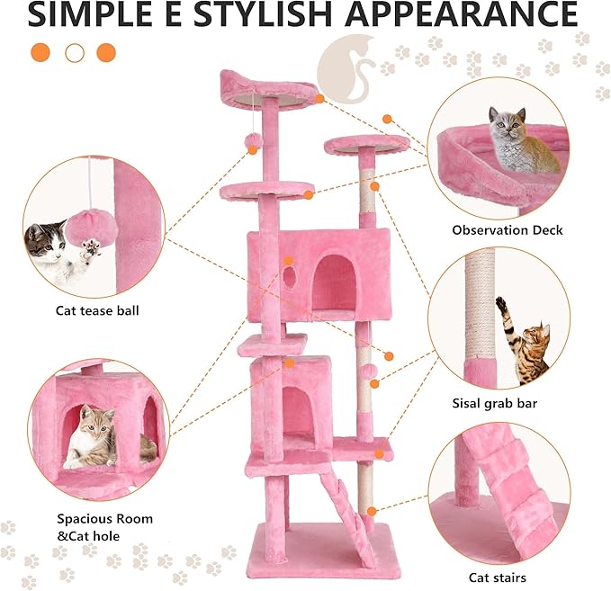 70-inch Pink Multi-Level Cat Tower Kitten Tree & Cat Condo With Plush Padded Perch & Cat Scratching Post, Heavy Duty for Large Cats
