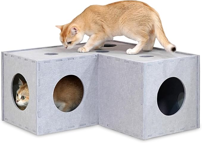 PETKARAY Cat Tunnel, Original Cat Hideaway Cave for Indoor Cats, Large Kitten Play Tubes and Tunnels, Soft Felt Cat Toy with Interactive Peek Hole, Grey L Shape