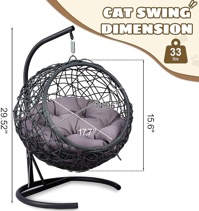 Hanging Cat Swing Bed with Stand & Cushion – Rattan Wicker Egg Chair for Cats, Small Dogs & Pets, Indoor Swinging Bed, Cozy Resting Spot, Modern Design (Gray+ HDPE)
