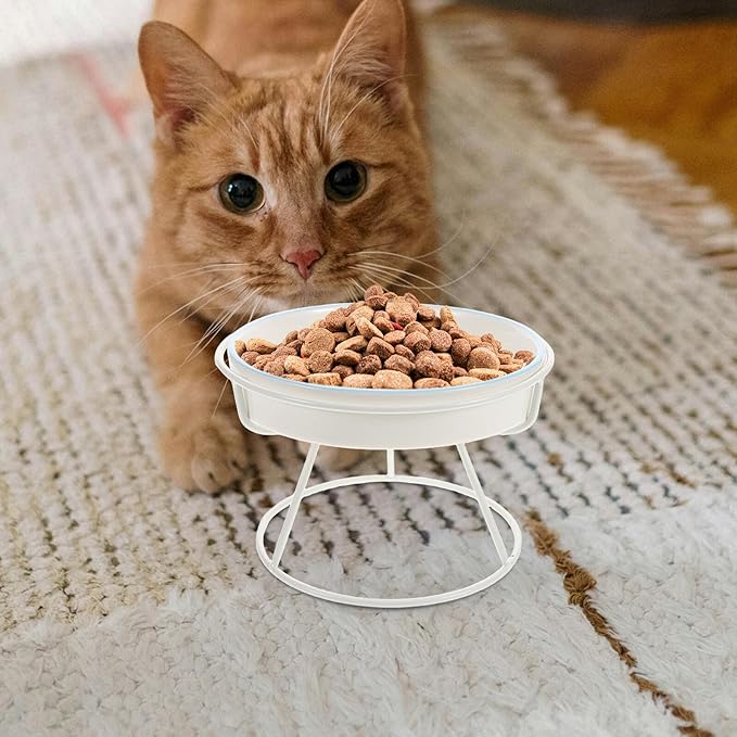 Yardwe Raised Ceramic Cat Bowl and Elevated Pet Feeding Station Slow Feed Food and Water Bowls with Stand Anti-Choke Slow Feeder for Cats Kittens and Small Dogs with White Three-line