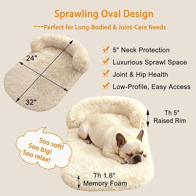 Orthopedic Dog Bed with Egg-Crate Base, Calming Dog Beds Fluffy Plush Faux Fur with Raised Edges, Spine Friendly Pet Sleeping Mat for Medium Large Dogs, Machine Washable (Oval, Beige 32"x24")