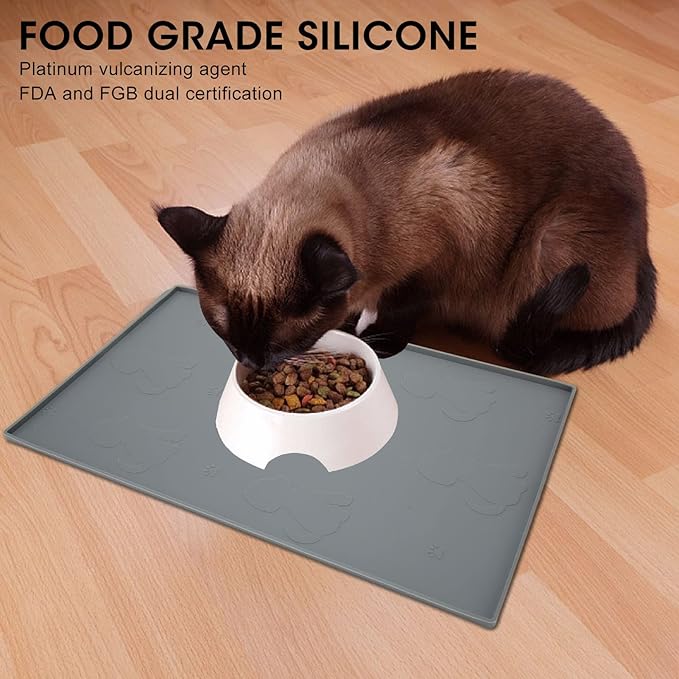Dog Feeding Mat, Waterproofed Cat Food Mats, Anti Slip Silicone Cat Dog Food Mat for Messy Drinkers to Protect Floors (Gray)