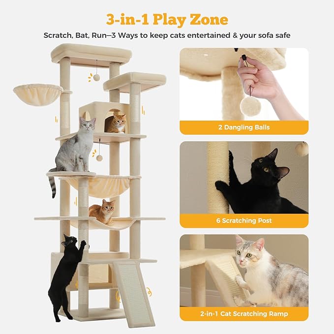 MUTTROS 81" Heavy Duty Cat Tree for Large Cats up to 20lbs - Extra Tall Cat Tower with Metal Frame Hammock, 6 Sisal Scratching Posts, 2 Perches - Indoor Cat Furniture for Maine Coon, Big Cats, Beige