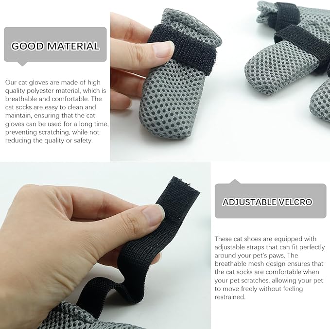 4pcs Cat Mittens to Prevent Scratching, Cat Booties Mesh Breathable Cats Shoes Anti Scratch Kitten Foot Covers for Pet Bathing Cutting Nails (Gray Size L)