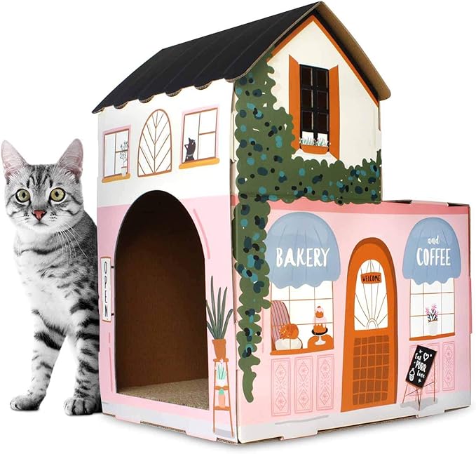 American Cat Club Cat House with Scratcher & Catnip Included - Coffee House