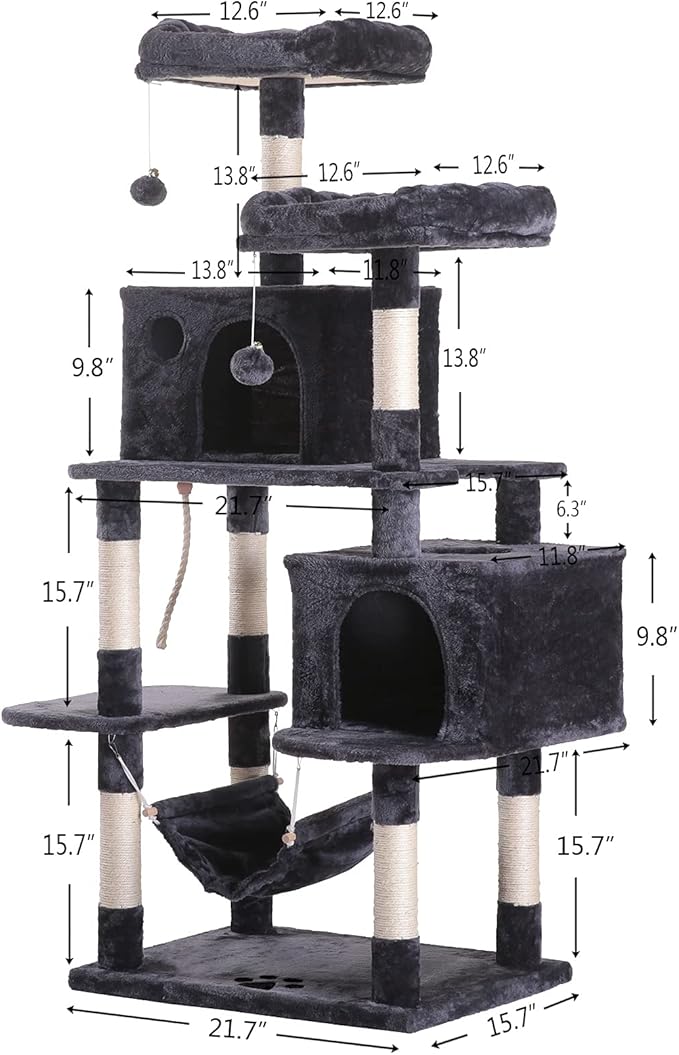 Hey-brother Large Multi-Level Cat Tree Condo Furniture with Sisal-Covered Scratching Posts, 2 Bigger Plush Condos, Perch Hammock for Kittens, Cats and Pets Smoky Gray MPJ020G