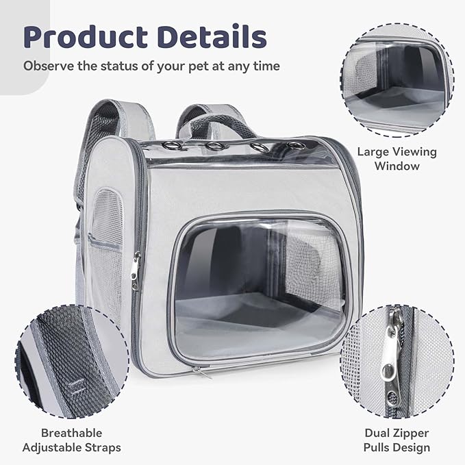 Innovative Traveler Backpack Pet Carriers Cat Backpack with Breathable Mesh Puppy Travel Carrier with Soft Padded Reinforced Support Foldable Small Dog Carrying Backpack for Kitty up to 15lbs (Grey)