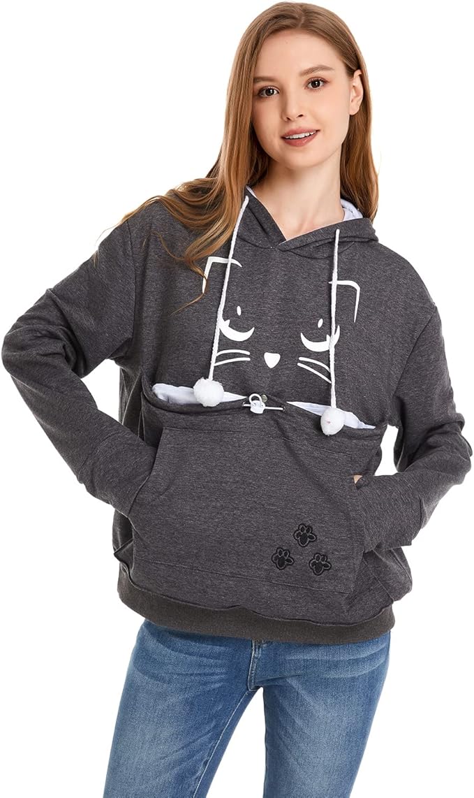 ALYC Unisex Hoodies Pet Holder Cat Dog Kangaroo Pouch Carries Pullover with Cat Printing Sweatshirt (Dark Grey, XXL)