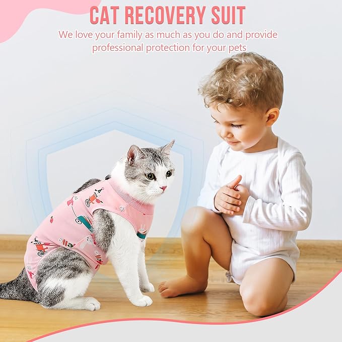 SlowTon Cat Recovery Suit - Cat Onesie for Cats After Surgery, Spay Suit for Abdominal Wounds, E-Collar Alternative Bodysuit Shirt Anti-Licking (Pink, L)