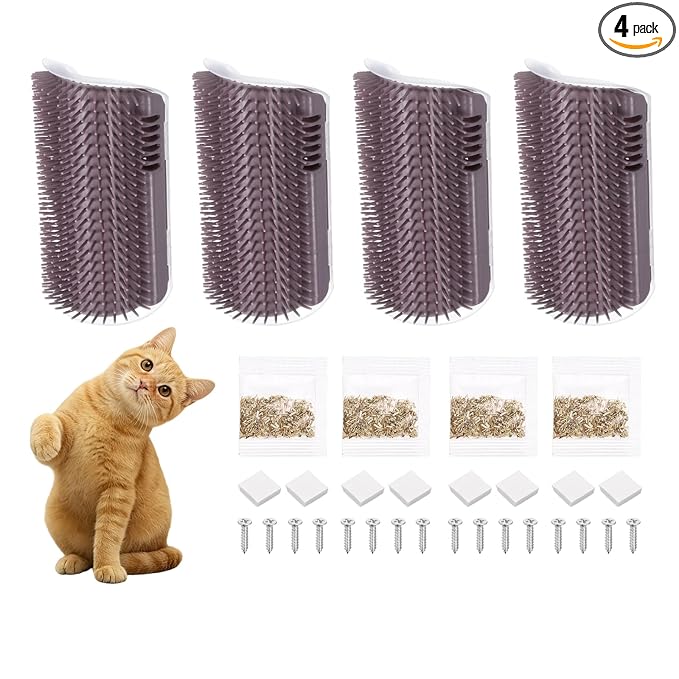 Self Grooming Cat Brush, Cat Self Groomer Scratcher with Catnip Softer Scratchers Wall Corner Groomer Massage Combs (4Pcs, L, Grey) for Long Short Fur Pets/Kittens/Puppies