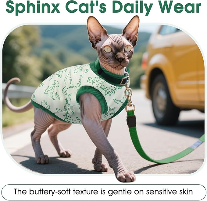 DENTRUN Sleeveless Cat Vest with Dinosaur Print, Breathable Ultra-Soft Dralon Fleece Cat Sweater, All-Season Pet Costume Apparel for Cats, Kitten Clothing for Indoor/Outdoor, Green, S