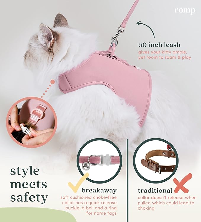Cat Harness, Collar & Leash Set - Escape Proof Adjustable Choke Free Velcro Harness Vest for Walking Cats & Kittens (Powder Pink, Large)