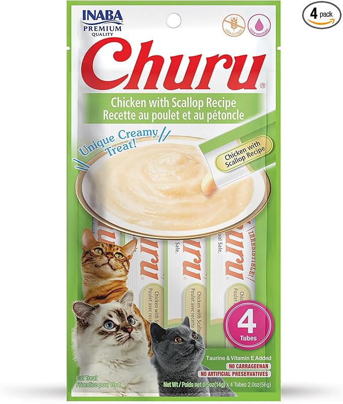 INABA Churu Lickable Purée Natural Cat Treats (Chicken with Scallop Recipe, 4 Tubes)