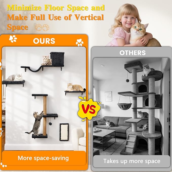 5-in-1 Cat Wall Shelves for Indoor Cats, Wall Mounted Cat Furniture with Bed, Cave, Scratching Post & Perch, Multi-Level Cat Climbing Wall, Space Saving Floating Cat Shelves (Natural Wood Darkgrey)