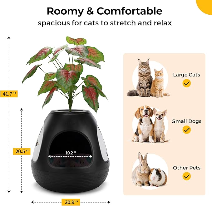 Copod8 Cat Bed Cave for Indoor Cats 4-in-1 Kitten House Cat Bed with Replaceable Scratching Board, Heating Pad, Air Purifier and Artificial Plant for Cats Rabbits Guinea Pigs Small Dogs (Black)
