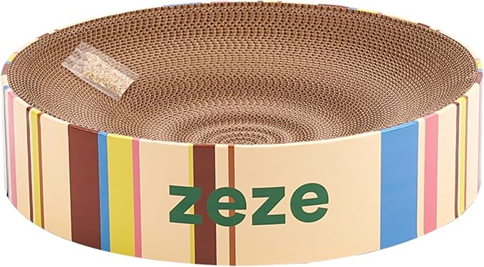 ZEZE Round Cat Scratcher Bed — Durable Corrugated Cardboard Cat Lounge, Scratch & Sleep Bowl Shape Cat Bed, Cozy Curved Design, Minimal Mess, Sturdy Edge Support (Cream Mille-Feuille)