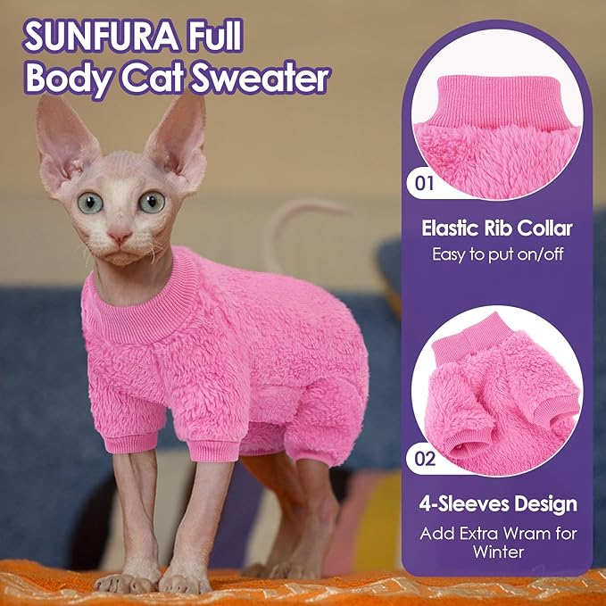 Sphynx Hairless Cat Sweater, Full Body Warm Fleece Sweaters with Sleeves for Cats, Soft Turtleneck Cat Clothes, Cozy Pullover Pajamas for Hairless Cats Devon, Donskoy & Small Dogs, Hot Pink M