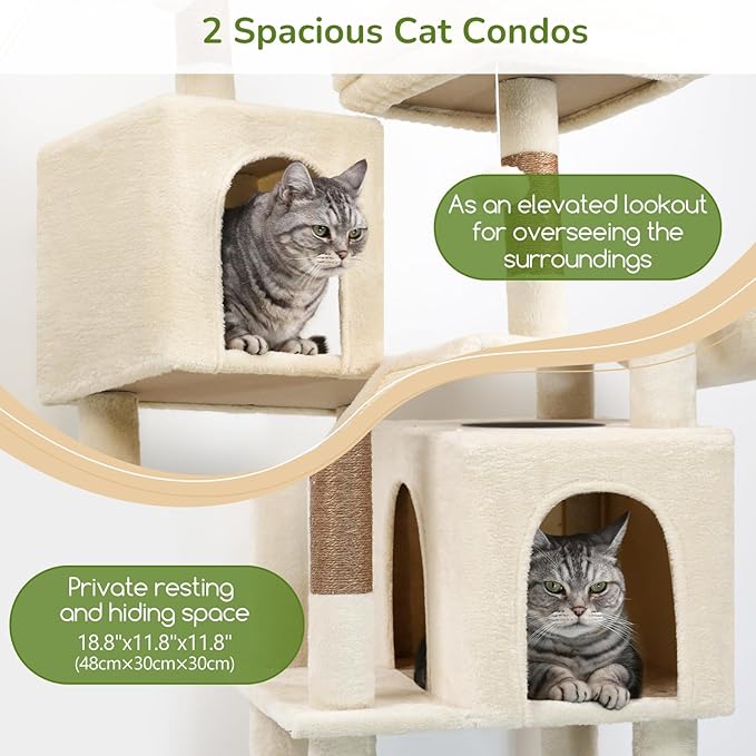 Globlazer 74in Heavy Duty Cat Tree for Large Indoor Cats, Multi-Level Cat Tower with Scratching Post, Cat Condos with Climbing Ladder, Hammock, Extra Large Top Perches, Pet Bed, F74D, Beige