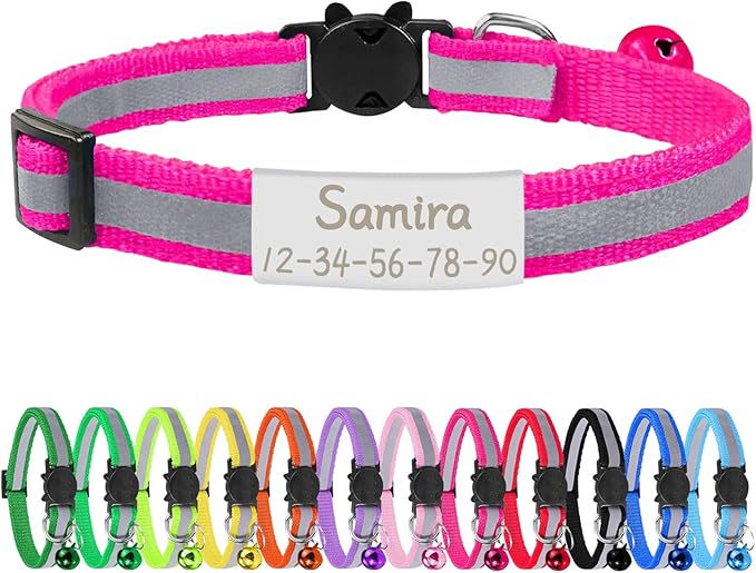 CAMAL Reflective Cat Collar Personalized with Pet ID Tag, Safety Breakaway Cat Collar with Name Tag, Rose Red Kitten Collar with Bell for Boy Girl Cats Puppies