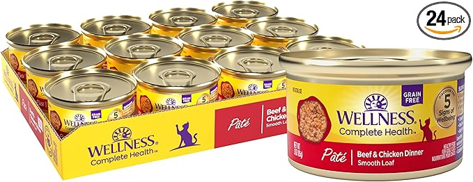 Wellness Complete Health Pate Adult Canned Wet Cat Food, Natural, Protein Rich, Grain Free, Beef and Chicken Dinner Recipe, 3 oz, Pack of 24 Cans