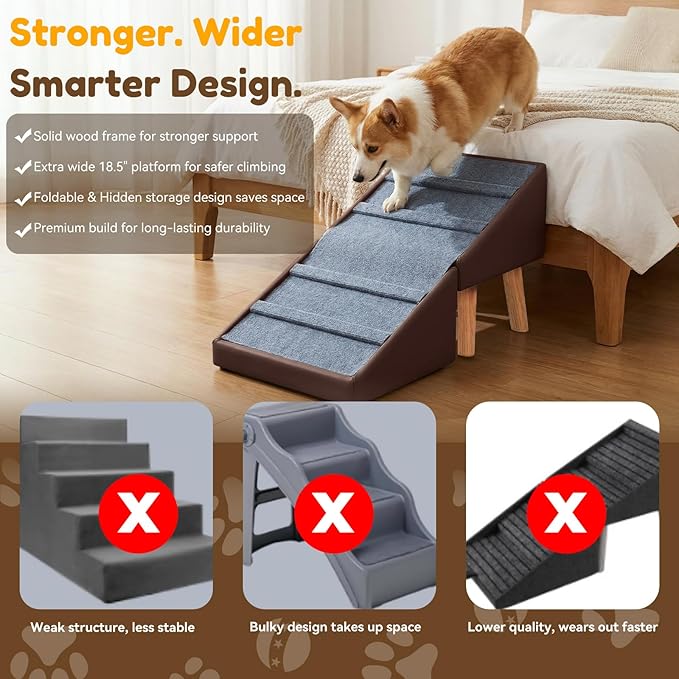 Dog Ramp & Stair for Couch Sofa Bed, 18.5" Extra Wide 15.7" H Foldable Ottoman & Hidden Storage 3-in-1 Design, Safer Non-Slip Leather Pet Steps for Puppy Senior Injured Dogs (Brown)
