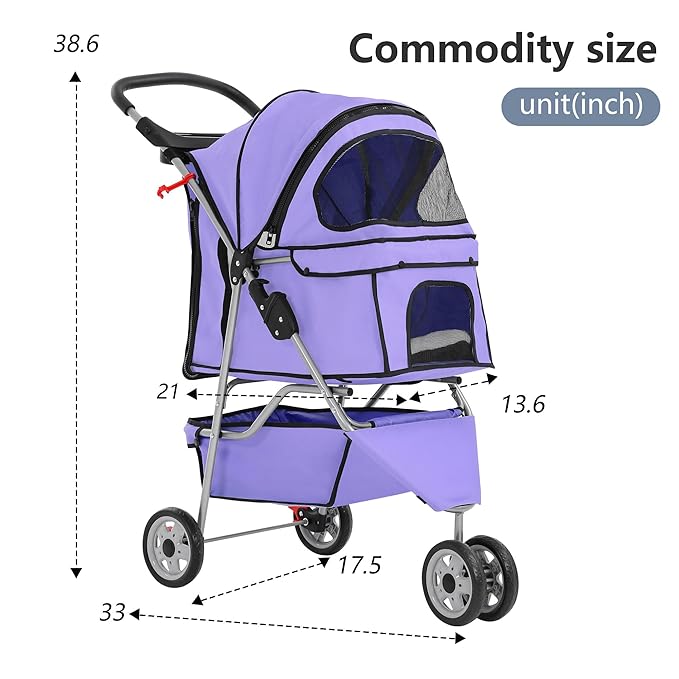 FDW Pet Stroller 3-Wheel Durable Foldable Cat Dog Stroller with Washable Liner Storage Basket Cup Holder,Purple