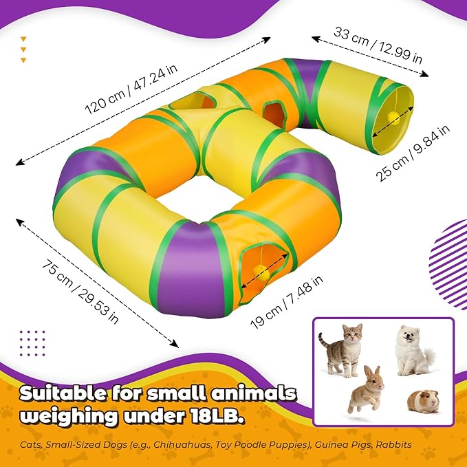 Cat Tunnel for Indoor Cats 6-Shaped, Collapsible Cat Playhouse Pet Play Tunnel Tube Maze with Hanging Pom-Poms and Interactive Hole for Kitten, Kitty, Puppy, Rabbits, Ferret, Guinea Pig