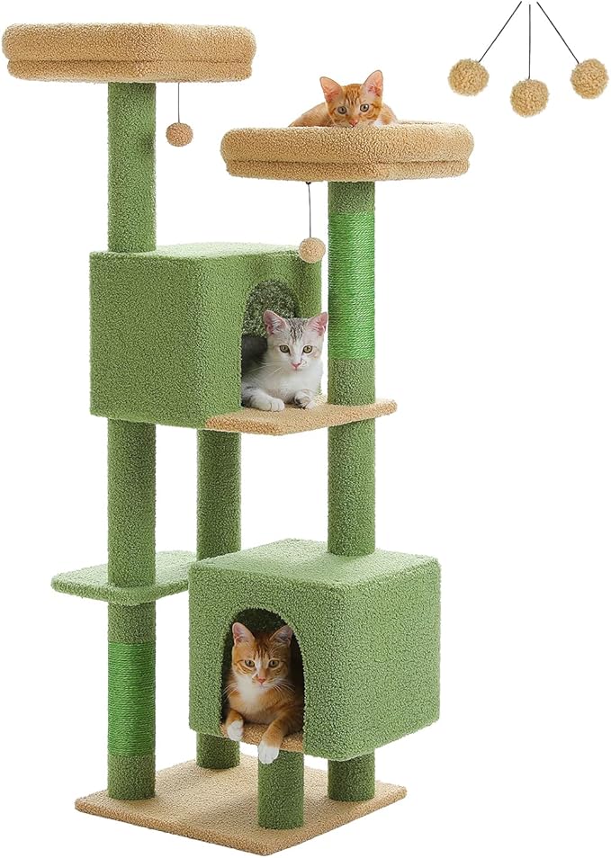 MUTTROS Cactus Cat Tree, 52.4" Cat Tower for Indoor Cats, Cute Cat Tree with 2 Padded Perches, 2 Condos & 2 Scratching Posts, Green