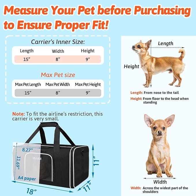 Petskd Small Pet Carrier with Wheels(18" L x 11" W x 11" H), Delta/American/United Airlines Approved, Rolling Pet Carrier for Small Dogs & Cats (Black)